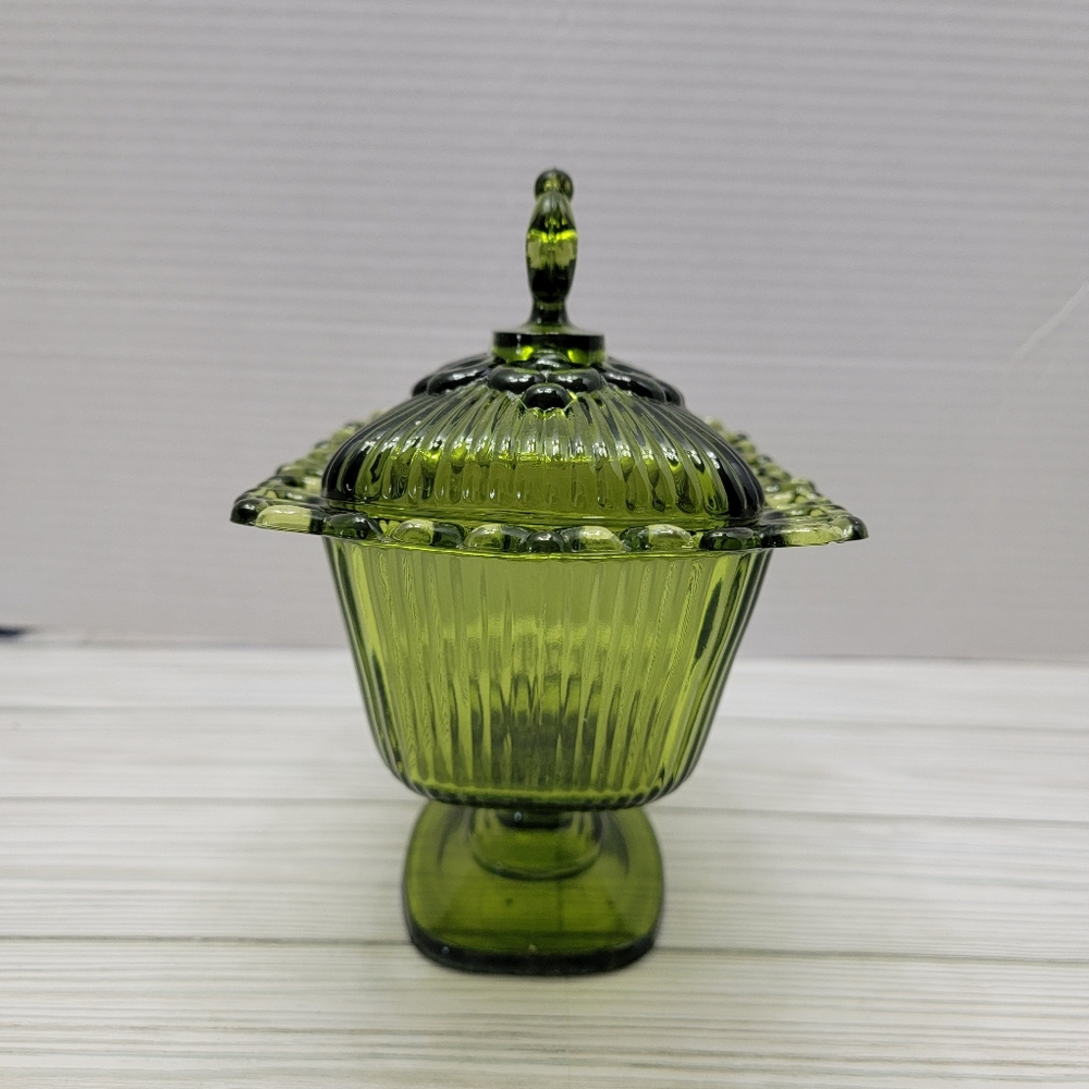 Indiana Glass Open Lace Edge Pedestal Candy Dush Avocado Green With Lid VTG - Picture 2 of 14
